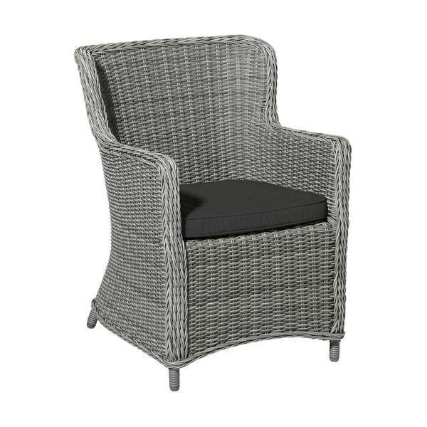 Madison Outdoor Wicker Seat Cushion in Grey shown in use on rattan wicker garden seat