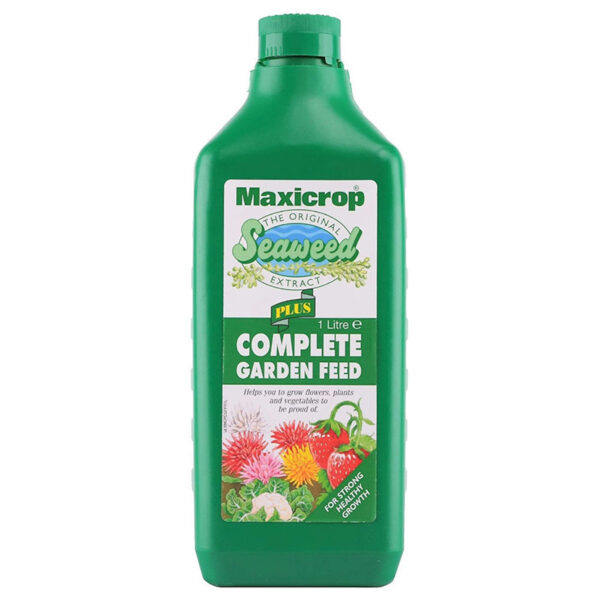 A green, 1 litre bottle of Maxicrop Complete Garden Feed with Seaweed Extract.