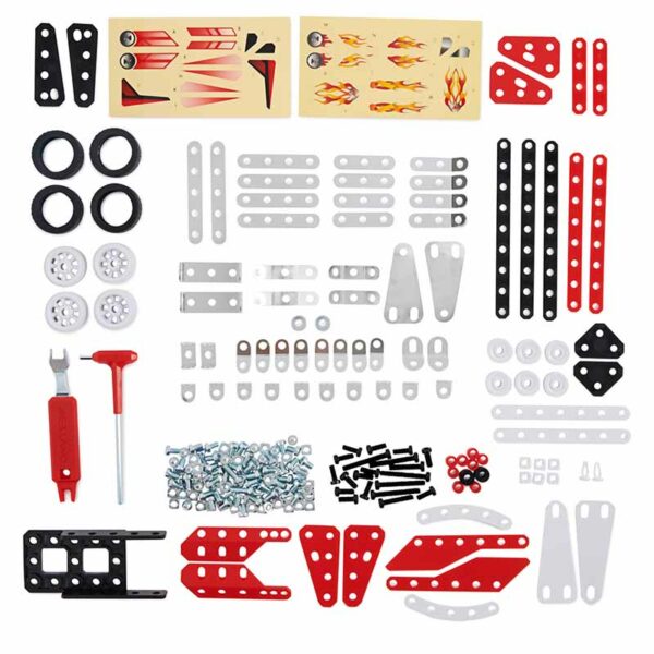 Meccano, 10-in-1 Racing Vehicles STEM Model Building Kit, Ages 8+ contents