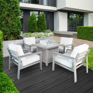Supremo Leisure Melbury 4 Seat Square Firepit Dining Set in Taupe displayed in garden