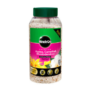 A see-through 900g bottle of Miracle-Gro Premium Azalea, Camellia & Rhododendron Continuous Release Plant Food.