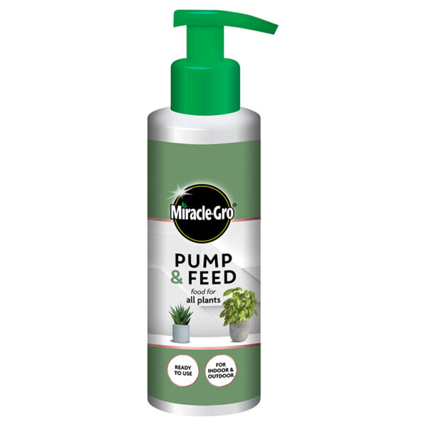 A green and white, drip pump cylindrical bottle of Miracle-Gro Pump & Feed for All Plants.