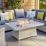 Monterey Modular Sofa in Dove Grey with Rectangular Coffee Table Firepit in use