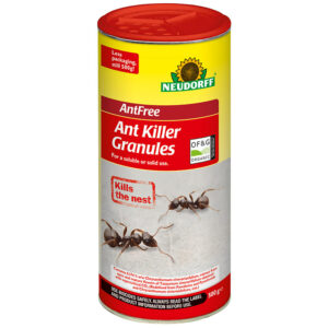 A cylindrical 500g pack of Neudorff Ant Killer Granules. The pack is yellow and red with an image of ants.