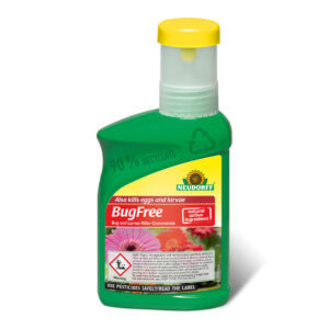 A green, 250ml bottle of Neudorff BugFree Bug and Larvae Killer Concentrate.