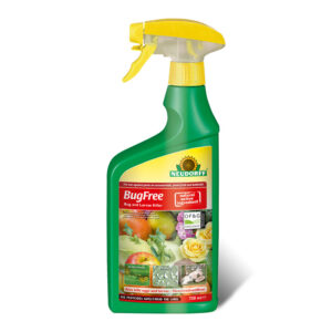A green, 750ml spray bottle of Neudorff BugFree Bug and Larvae Killer.
