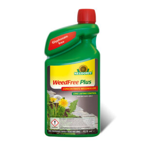 A green, 1 litre bottle of Neudorff WeedFree Plus Concentrate Weedkiller.