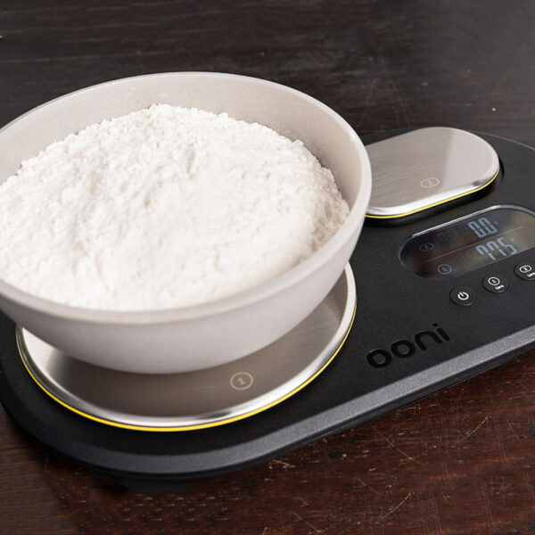 Ooni Dual Platform Digital Scales in use with flour