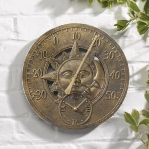 The Outside In 12-Inch Sun and Moon Wall Thermometer and Clock in situ outdoors