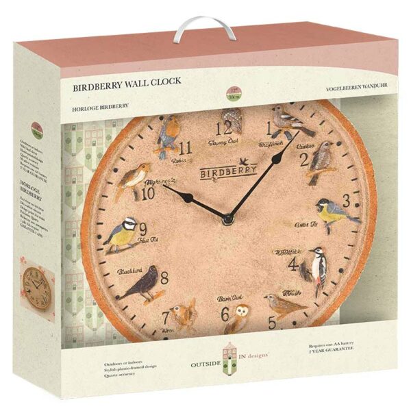 A studio cut out of the Outside In 12-Inch Birdberry Wall Clock in box