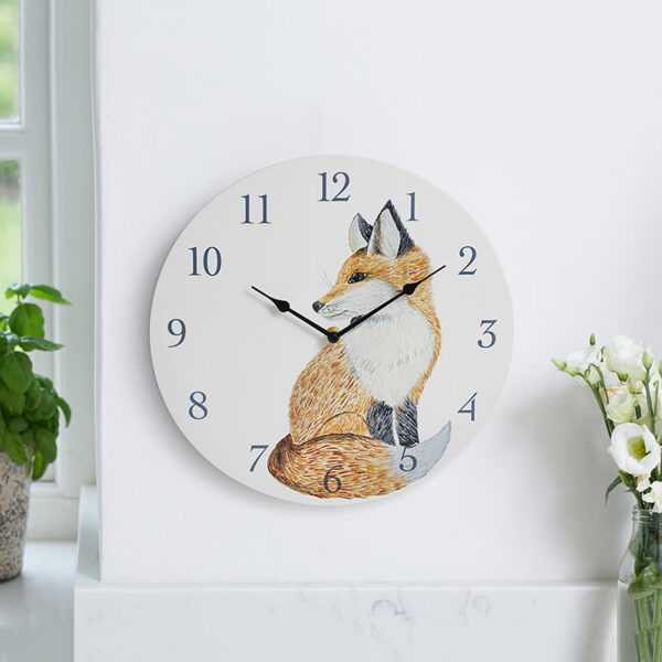 The Outside In 12 Inch Fox Wall Clock in situ indoors