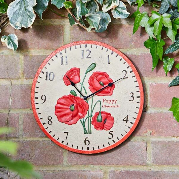 The Outside In 12-Inch Poppy Wall Clock in situ outdoors