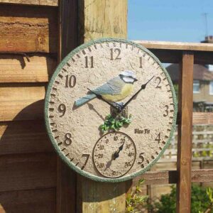 The Outside In 15-Inch Blue Tit Wall Clock and Thermometer in situ outside