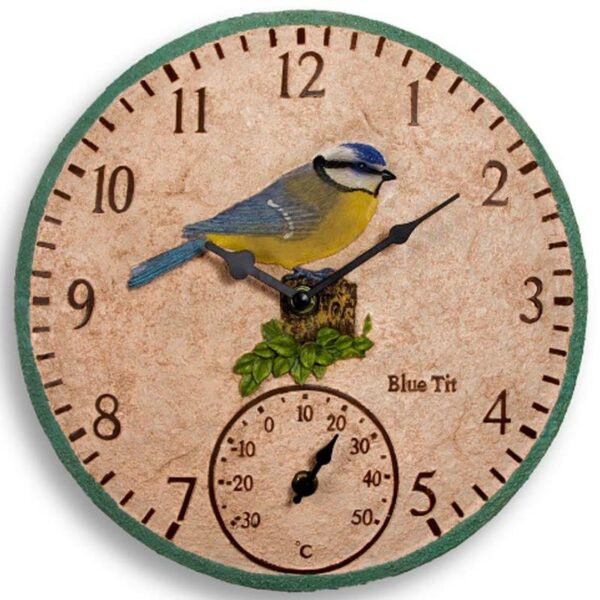A studio cut out of the Outside In 15-Inch Blue Tit Wall Clock and Thermometer