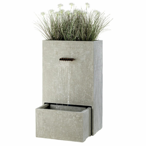 Planter Fountain Water Feature, 100cm Light Grey detail with plants