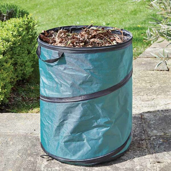 A 200 litre Pop-Up Garden Waste Spring Bin that is filled with autumn leaves.