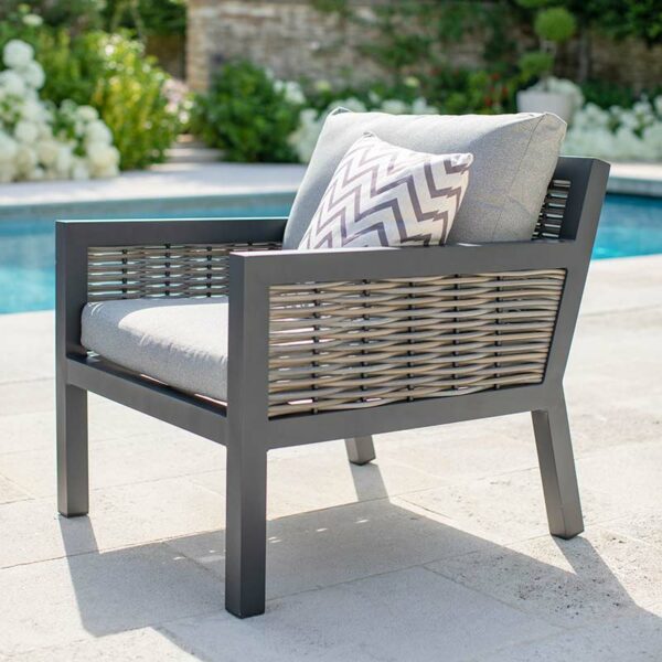 Portofino Armchair in Anthracite with chunky Mushroom weave and Eco Cobble Season-Proof cushions