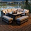 Bramblecrest Portofino Corner Sofa Set with Square Firepit Table & 2 Benches shown with lid on firepit