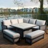 Bramblecrest Portofino Corner Sofa Set with Square Firepit Table & 2 Benches shown with lid on firepit table