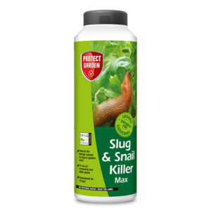 An 800g bottle of Protect Garden Slug & Snail Killer Pellets. The black cap is child safe with a large green label.
