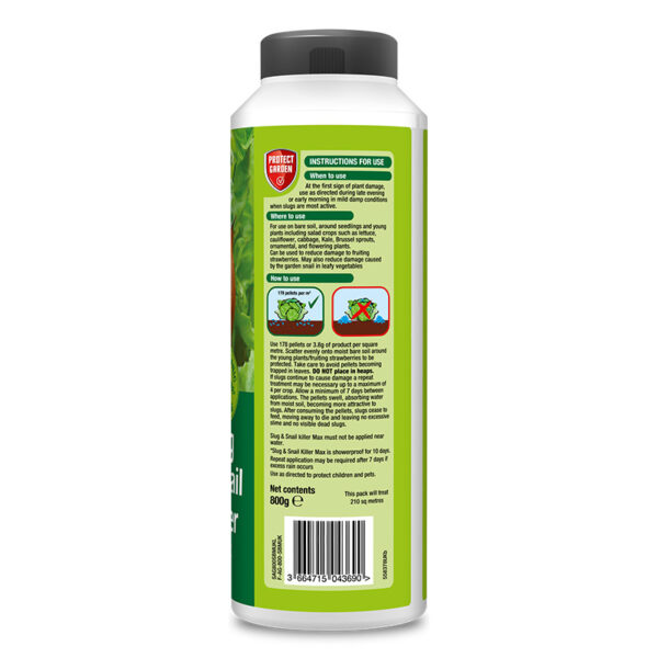 The back of the 800g bottle of Protect Garden Slug & Snail Killer Pellets. The label on the back has through instructions on how to use the pellets.