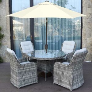 Supremo Leisure Rivington 4 Seat Outdoor Dining Set with Round Table, 2.5m Parasol & Base