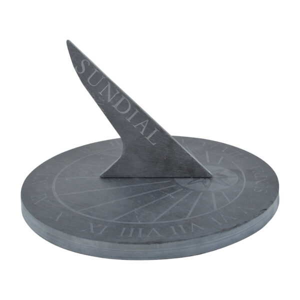 A round slate sundial angled sideways. The dial is uniformly round with a diagonally upright pointer.