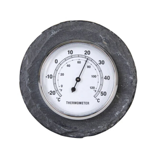 A round garden thermometer with a round slate body. The thermometer has a Celsius and Fahrenheit reading.