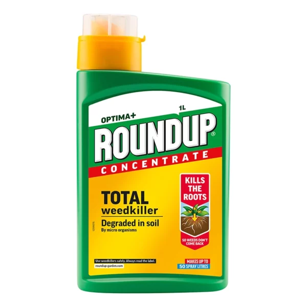 A 1 litre bottle of Roundup Optima+ Total Weedkiller Concentrate