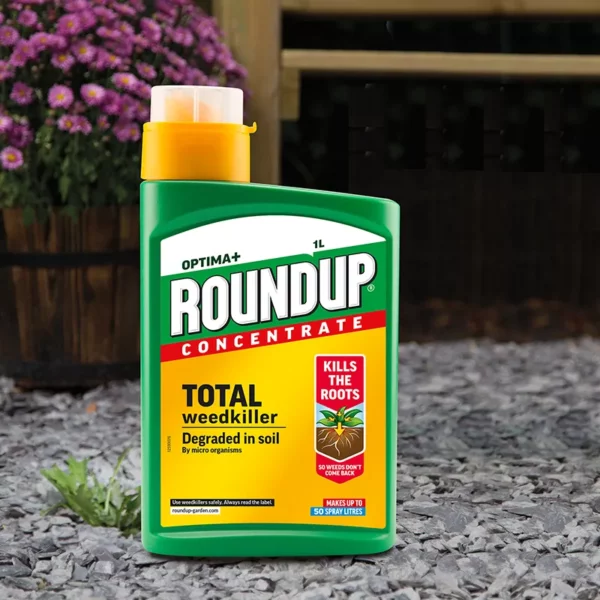 A 1 litre bottle of Roundup Optima+ Total Weedkiller Concentrate sat outside on gravel