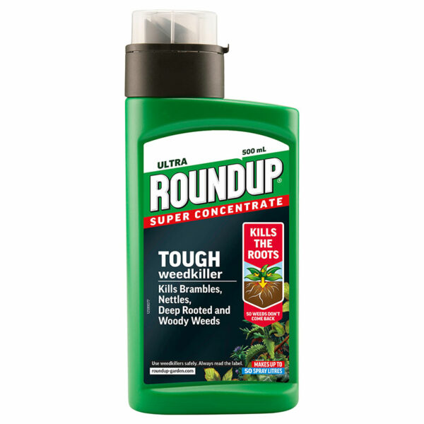 A green, 500ml bottle of Roundup Tough Weedkiller Concentrate.