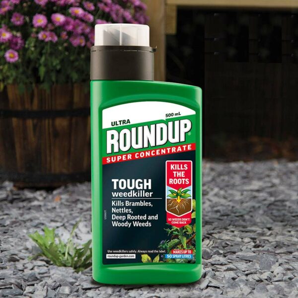 A green, 500ml bottle of Roundup Tough Weedkiller Concentrate sat on slate gravel.