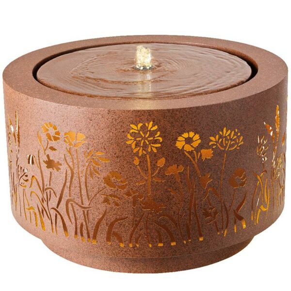Rustic Brown Lumineo Round Floral Fountain Water Feature