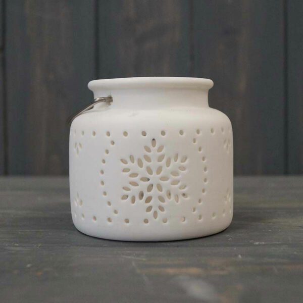 Satchville White Ceramic Tealight Holder with Snowflake Design