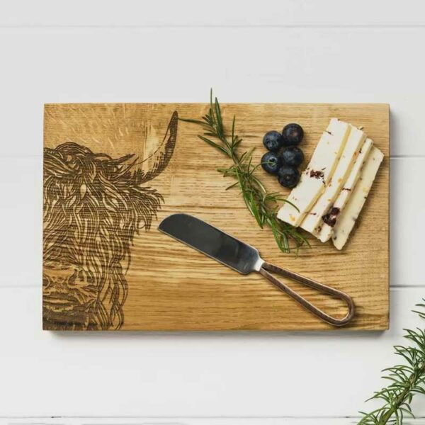 Scottish Made Highland Cow Oak Cheese Board & Knife Set