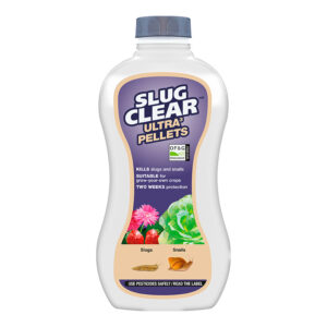 A white, 685g hourglass bottle of SlugClear Ultra 3 Slug & Snail Killer Pellets with a child safe cap.