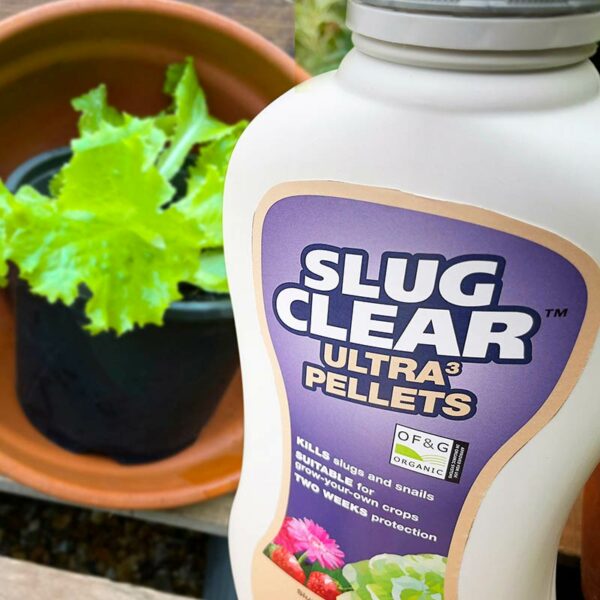 A white, 685g bottle of SlugClear Ultra 3 Slug & Snail Killer Pellets next to a green plant.