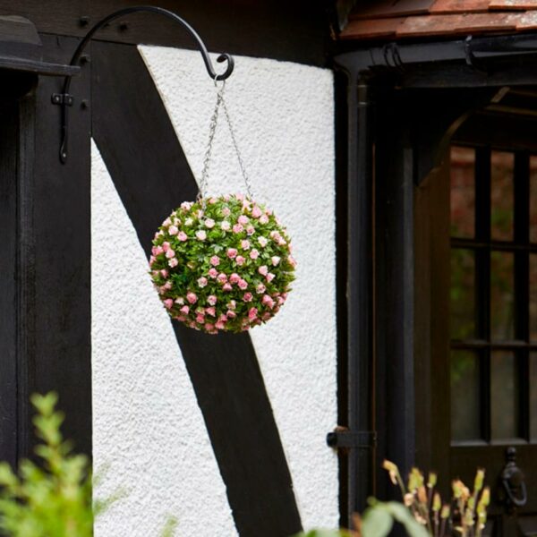 The Smart Garden 30cm Artificial Topiary Pink Rose Ball in situ