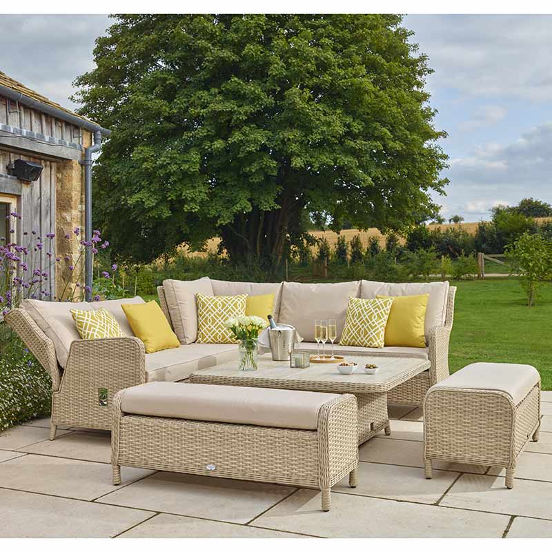 Somerford Reclining Garden Sofa Set in Sandstone showing sofa in recline position
