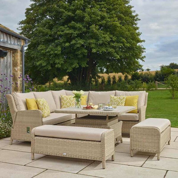 Somerford Reclining Garden Sofa Set in Sandstone showing table set high for dining