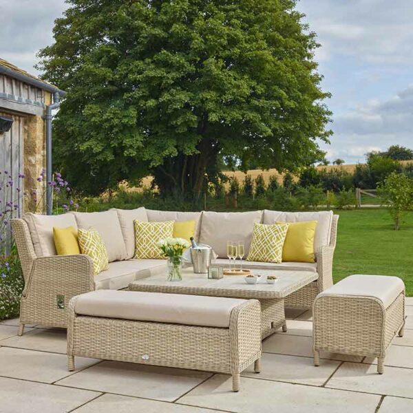 Somerford Reclining Garden Sofa Set in Sandstone showing table set low for drinks