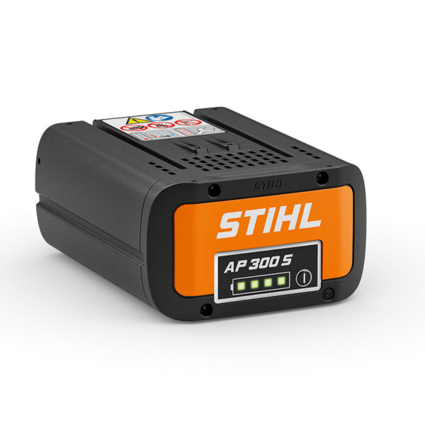 A black and orange STIHL AP 300 S Battery with green LED battery indicators.