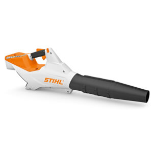 A STIHL BGA 86 Cordless Blower pointing diagonally. The blower is STIHLs classic white and orange with a large round nozzle attachment and no battery.