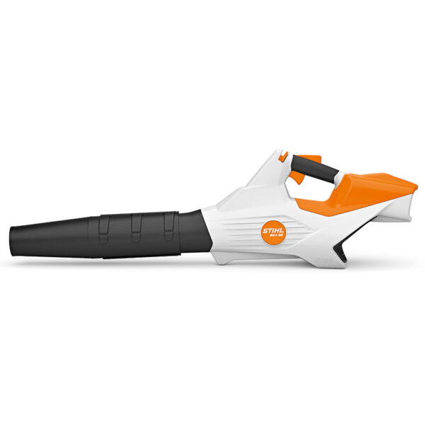 A STIHL BGA 86 Cordless Blower pointing left. The blower is STIHLs classic white and orange with a large round nozzle attachment and no battery.