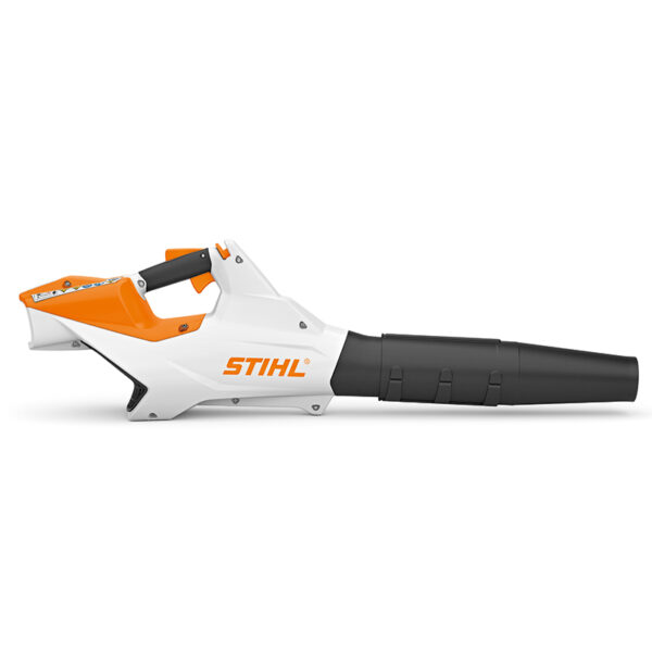 A STIHL BGA 86 Cordless Blower pointing right. The blower is STIHLs classic white and orange with a large round nozzle attachment and no battery.