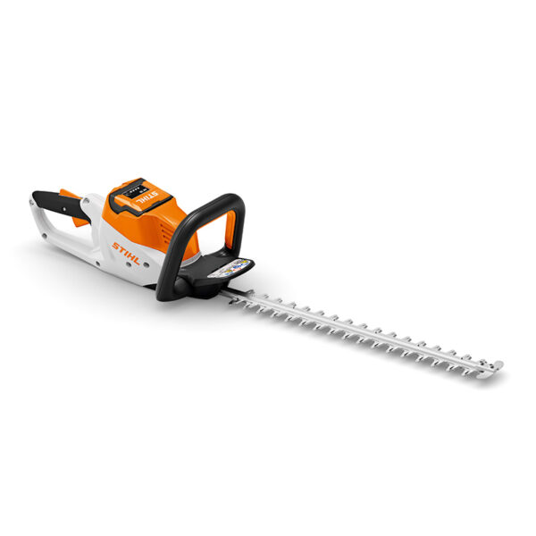 The STIHL HSA 50 Cordless Hedge Trimmer lying diagonally. The body is orange and white with a 50cm long blade.