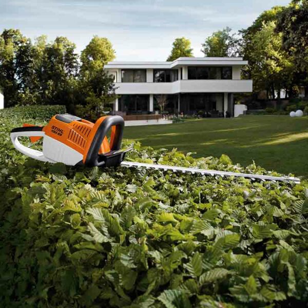 The STIHL HSA 66 Cordless Hedge Trimmer sat on a neatly trimmed hedge.