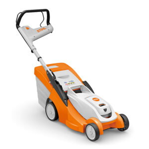 An orange and white STIHL lawn mower with a large, height-adjustable mono-handle.