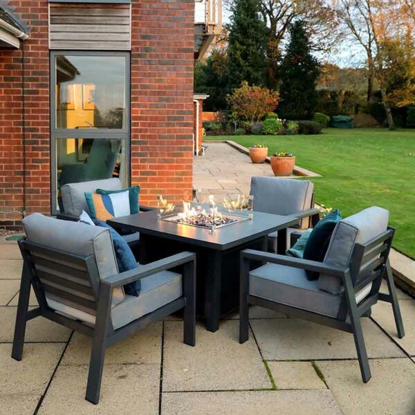 Supremo Melbury 4 Seat Square Firepit Lounge Set with lit firepit