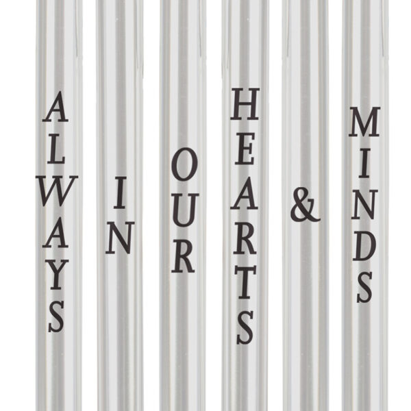 A detail of the inscription on the Symphony Memorial Wind Chime with Silver Finish, size 86cm